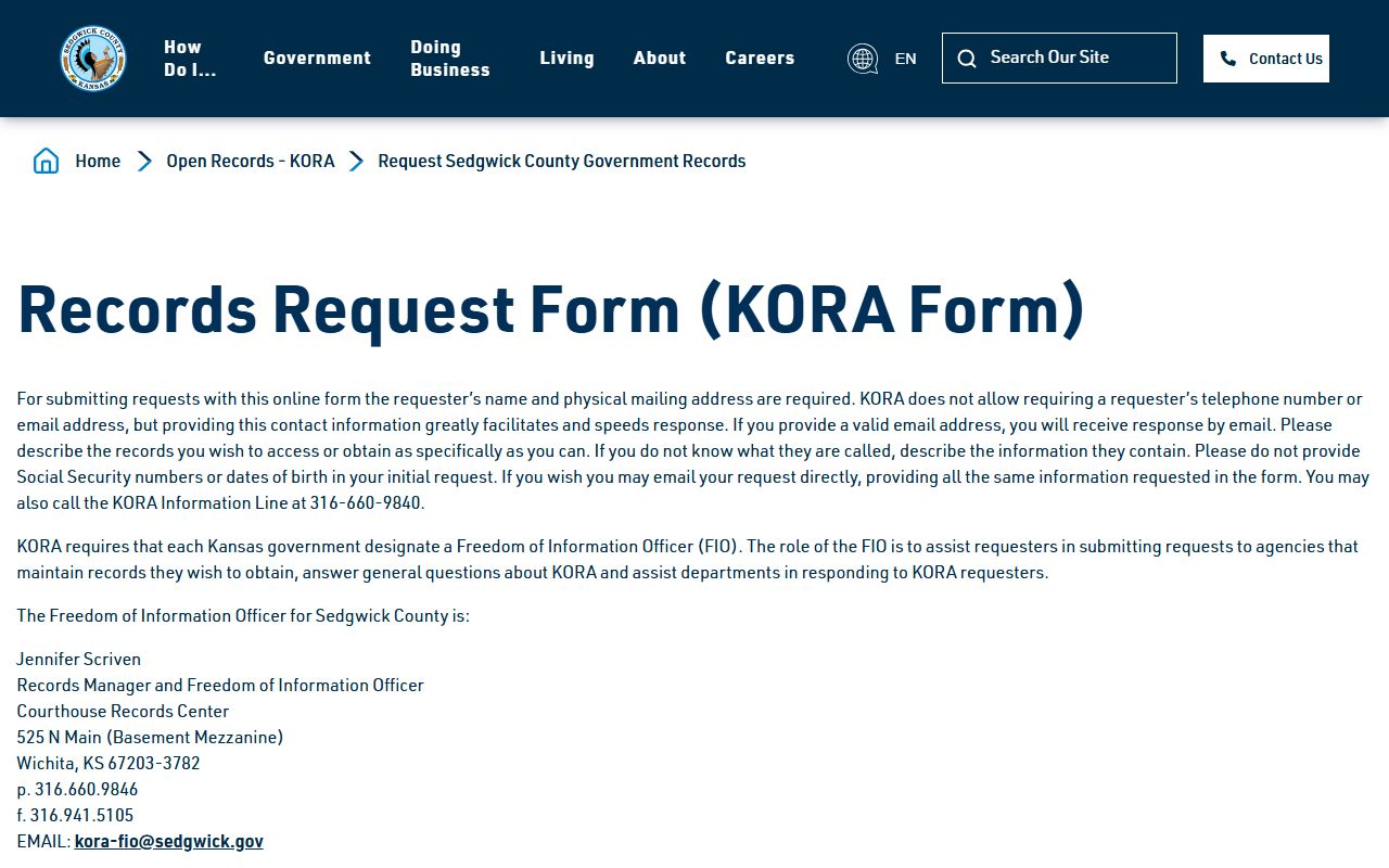 Sedgwick County KORA request form for booking photo records