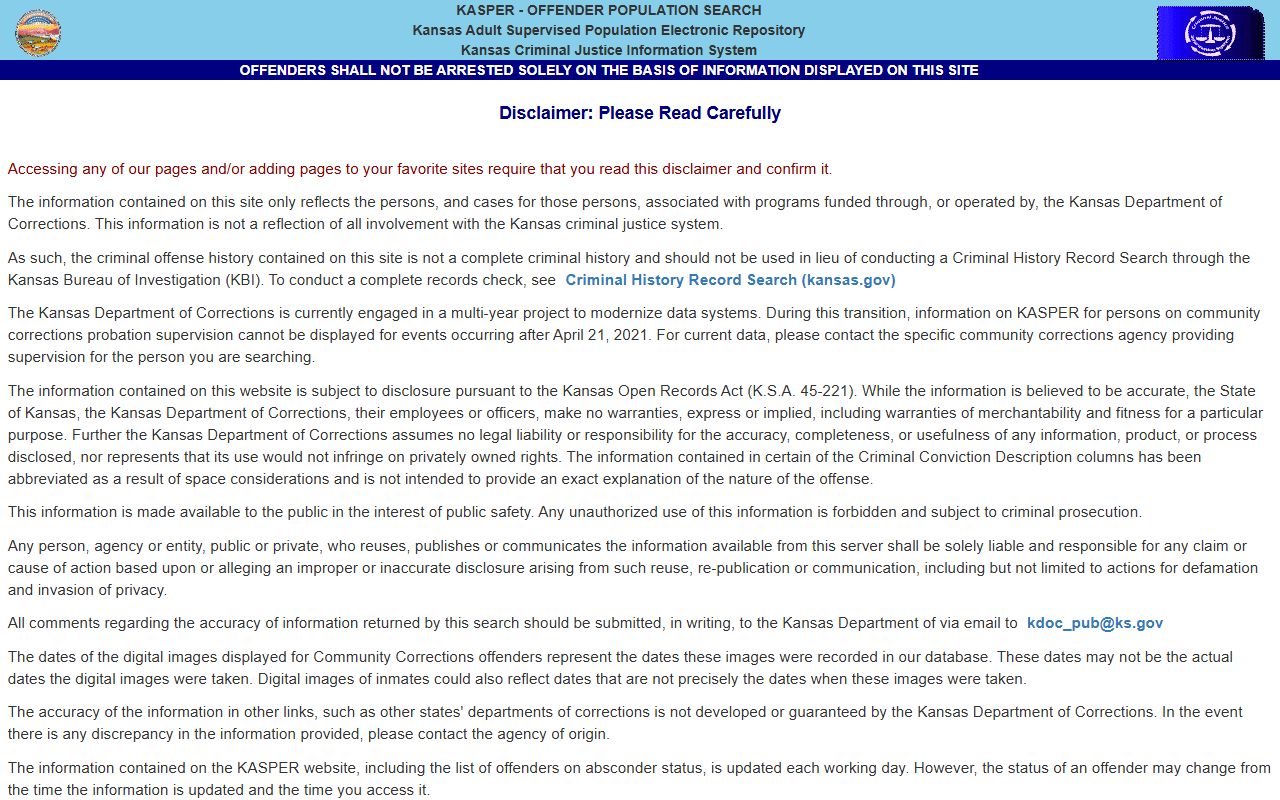 KDOC KASPER search for Wichita Work Release Facility residents